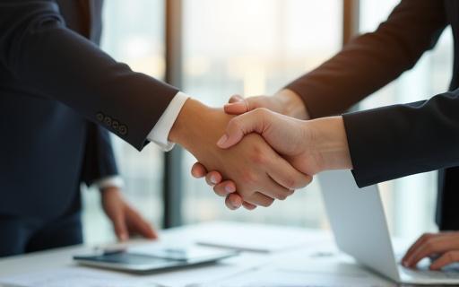 Två personer som skakar hand över ett projekt
